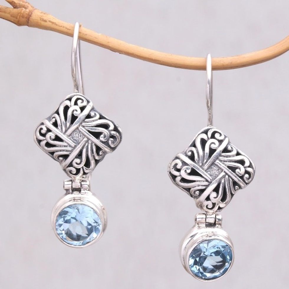 Sterling Silver Blue Topaz Vine Lattice Dangle Earrings 'Regal Vines'