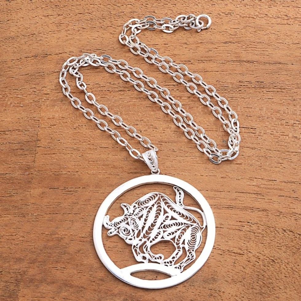Sterling Silver Filigree Taurus Necklace from Java 'Elegant Taurus'