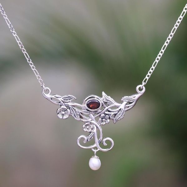 Alternate image for Floral Garnet and Cultured Pearl Pendant Necklace Garden Vine