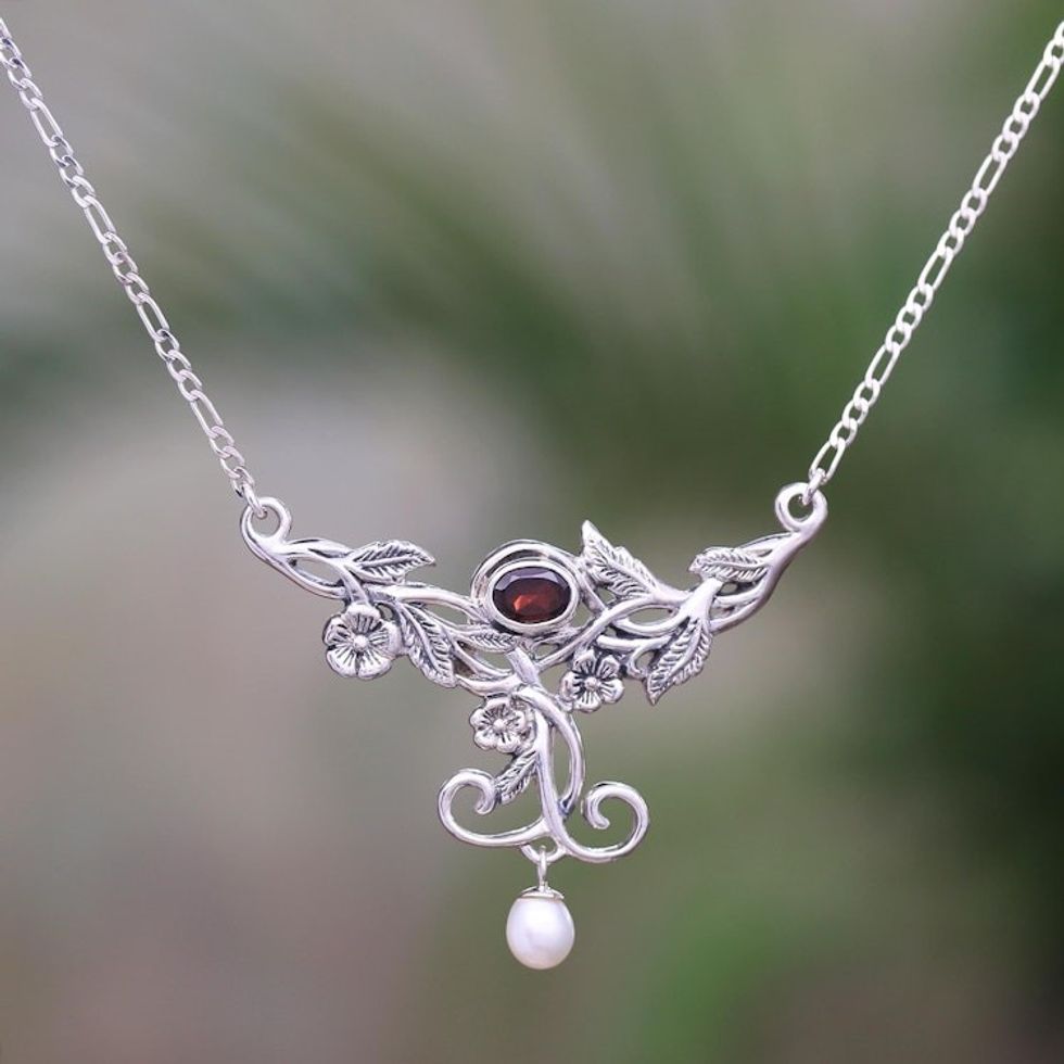 Floral Garnet and Cultured Pearl Pendant Necklace 'Garden Vine'