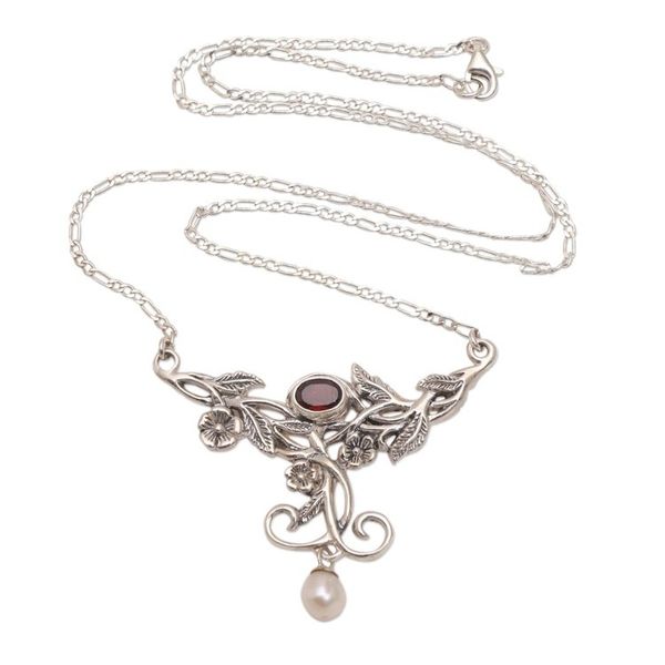 Alternate image for Floral Garnet and Cultured Pearl Pendant Necklace Garden Vine