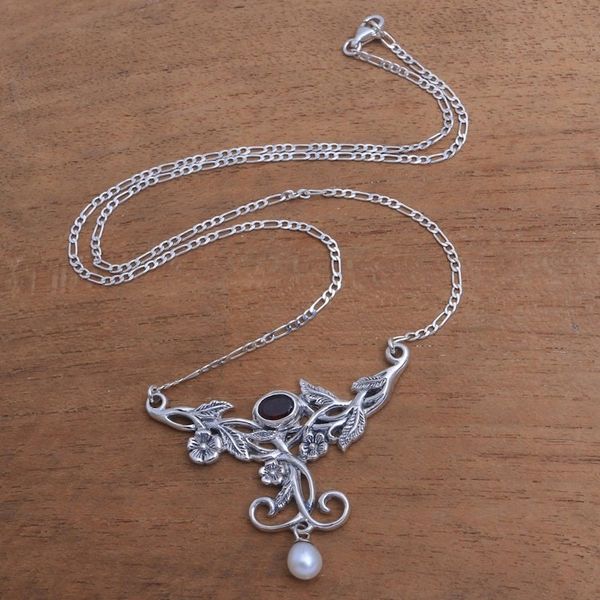 Alternate image for Floral Garnet and Cultured Pearl Pendant Necklace Garden Vine
