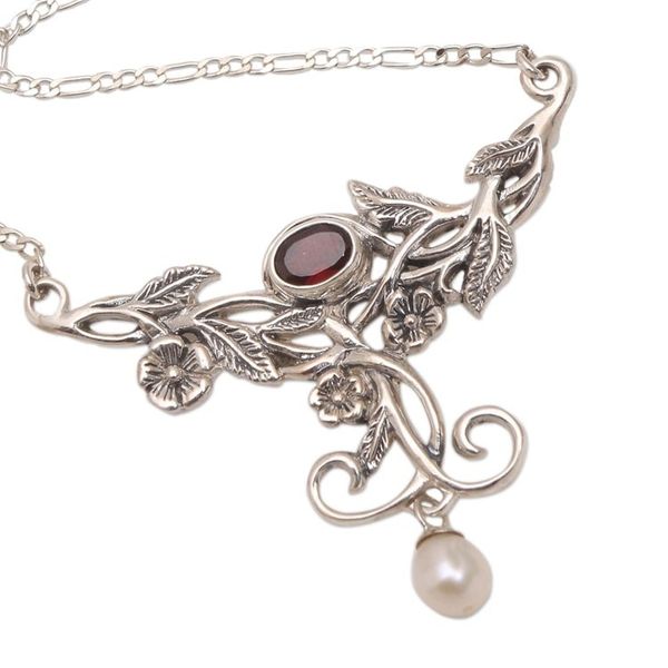 Alternate image for Floral Garnet and Cultured Pearl Pendant Necklace Garden Vine