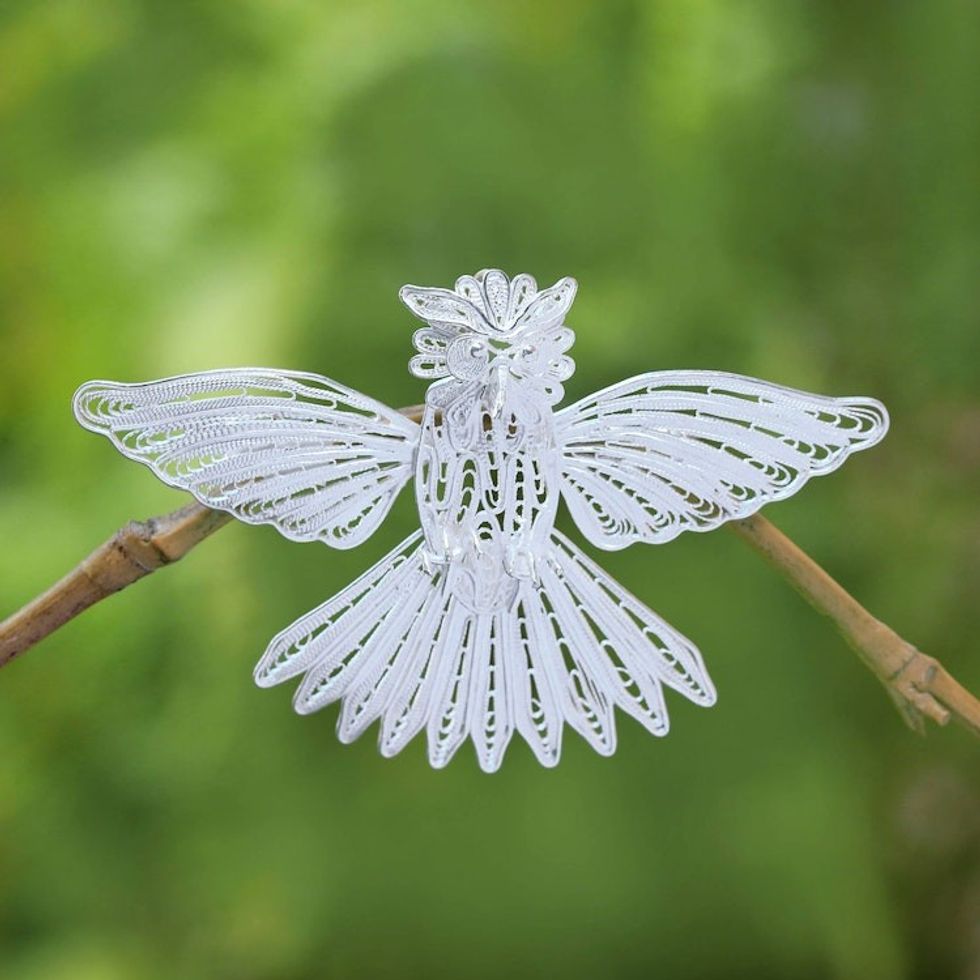 Handcrafted Sterling Silver Garuda Filigree Bird Brooch 'Little Garuda'