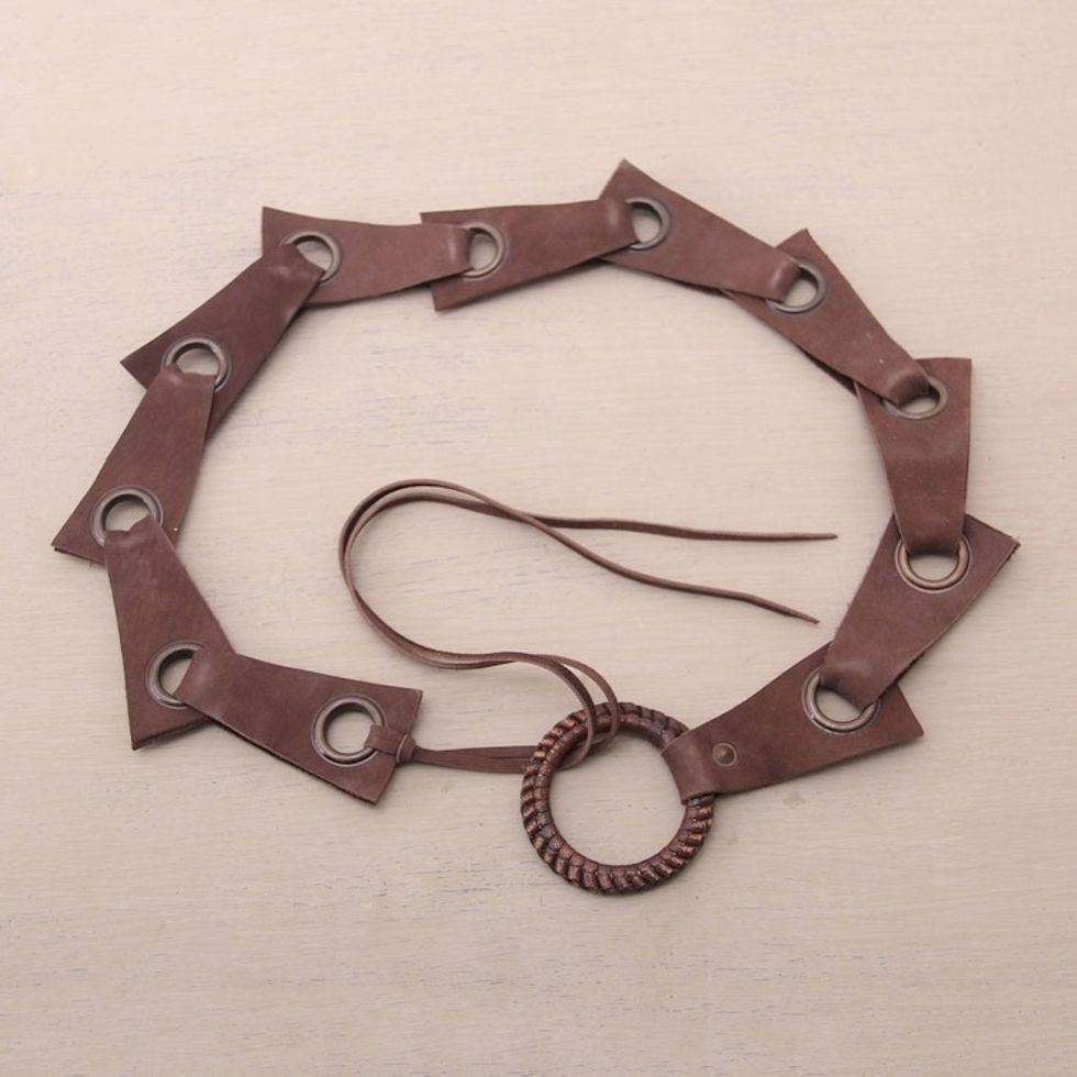 Brown Contemporary Stainless Steel Accented Leather Belt 'Contemporary Edge in Brown'