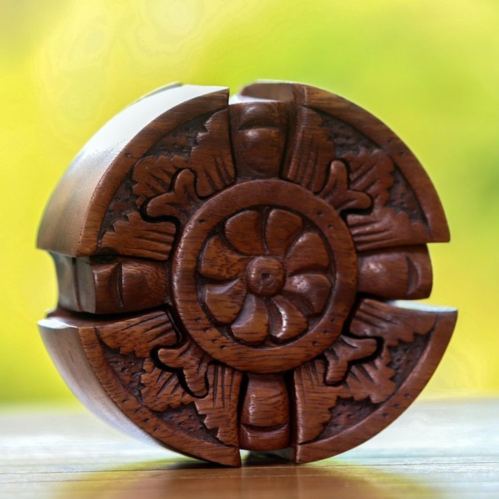 Floral Wood Puzzle Box Crafted in Bali 'Floral Secret'
