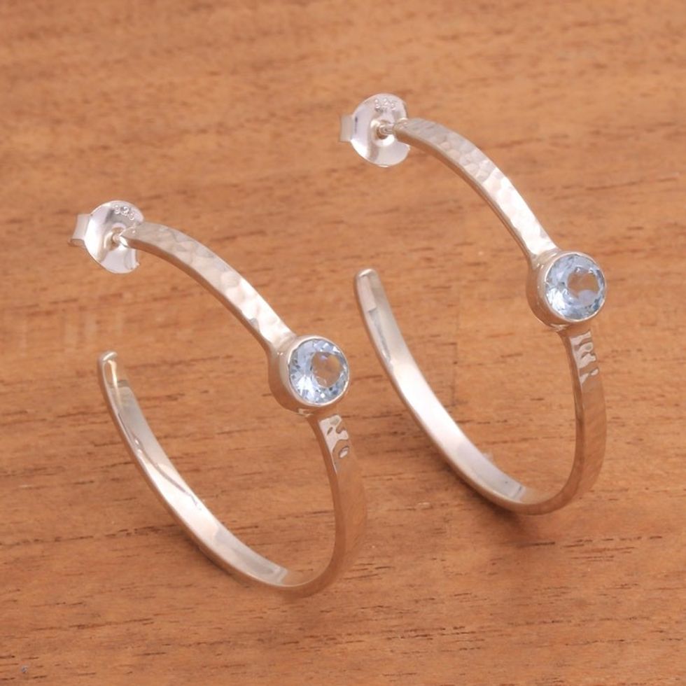 Sterling Silver Hammered Blue Topaz Half-Hoop Earrings 'Pretty Paradox'
