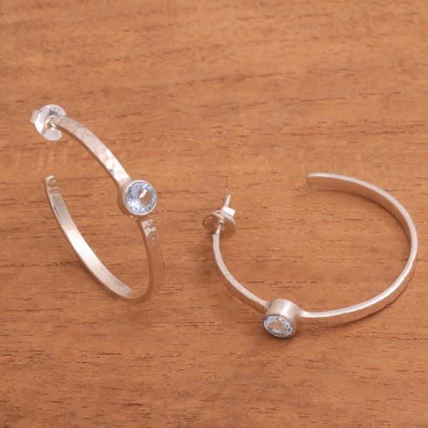 Alternate image for Sterling Silver Hammered Blue Topaz Half-Hoop Earrings Pretty Paradox