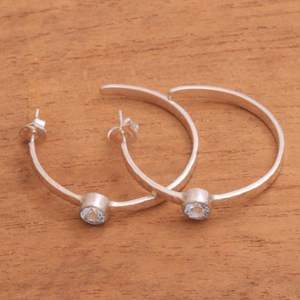 Alternate image for Sterling Silver Hammered Blue Topaz Half-Hoop Earrings Pretty Paradox
