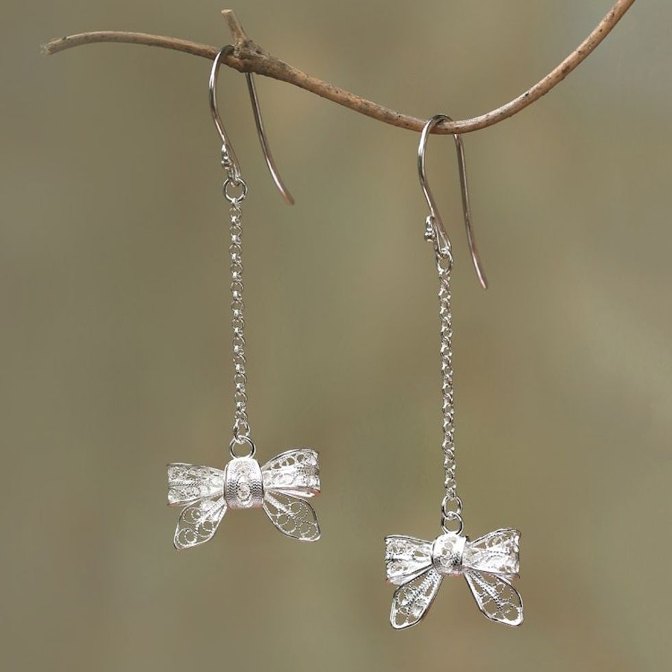 Bow-Shaped Sterling Silver Filigree Dangle Earrings 'Happy Bows'