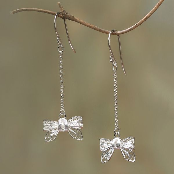 Alternate image for Bow-Shaped Sterling Silver Filigree Dangle Earrings Happy Bows