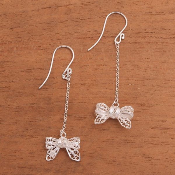 Alternate image for Bow-Shaped Sterling Silver Filigree Dangle Earrings Happy Bows