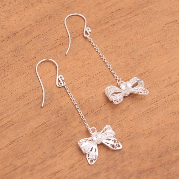Alternate image for Bow-Shaped Sterling Silver Filigree Dangle Earrings Happy Bows