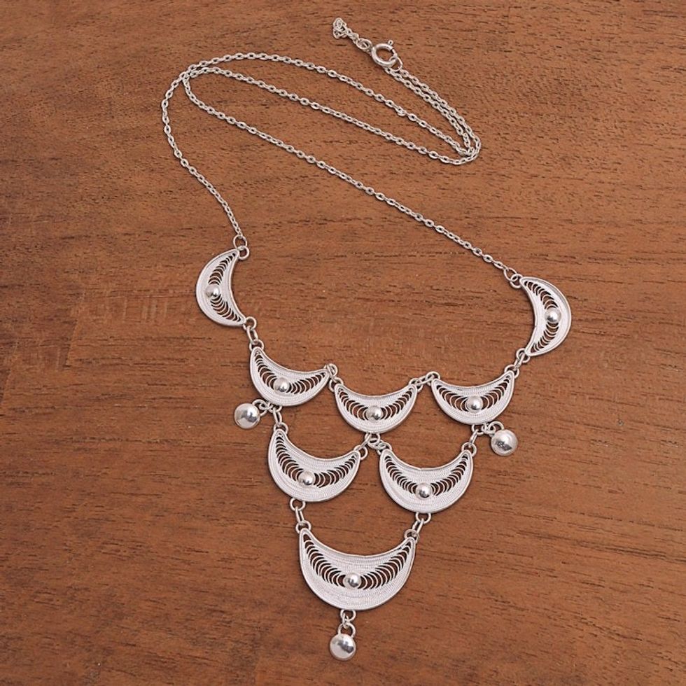 Crescent Sterling Silver Filigree Pendant Necklace from Java 'Sabit Moon'