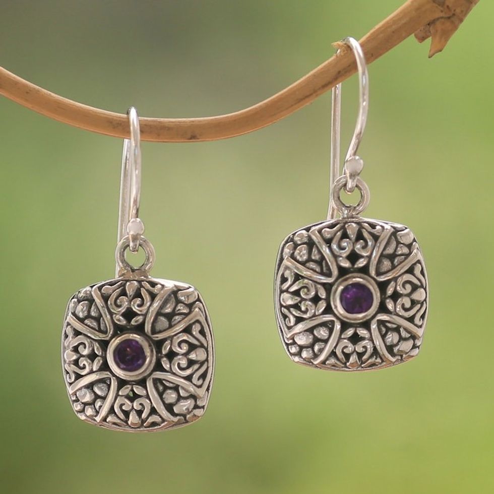 Cross Motif Amethyst Dangle Earrings from Bali 'Bali Cross'