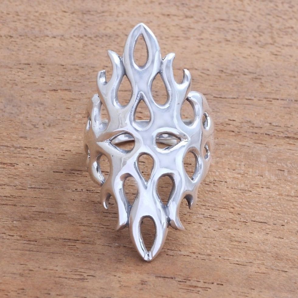 Openwork Sterling Silver Cocktail Ring from Bali 'Gleaming Flame'