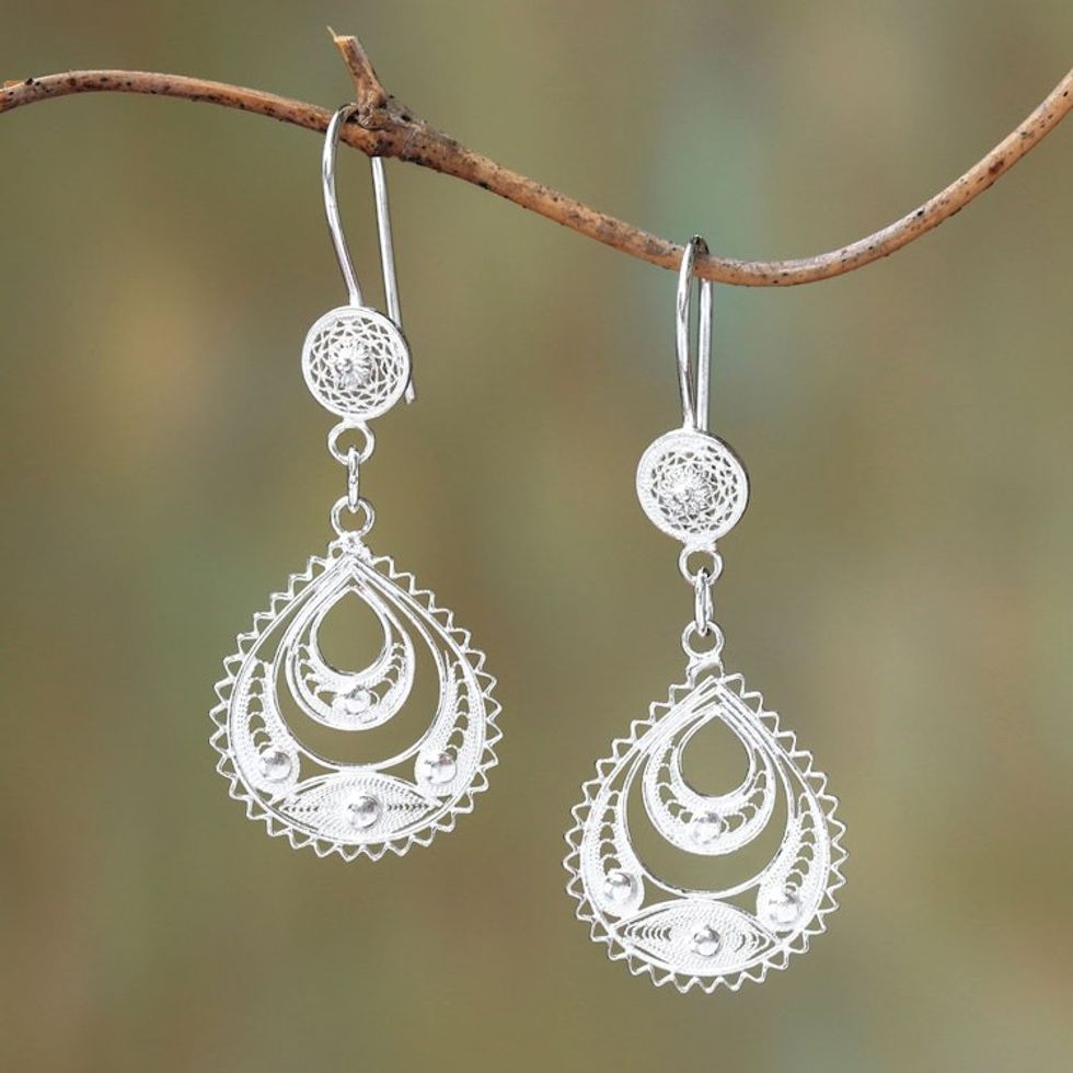 Drop-Shaped Sterling Silver Filigree Dangle Earrings 'Ayu Drops'