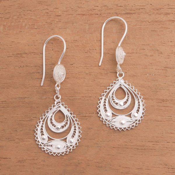 Alternate image for Drop-Shaped Sterling Silver Filigree Dangle Earrings Ayu Drops