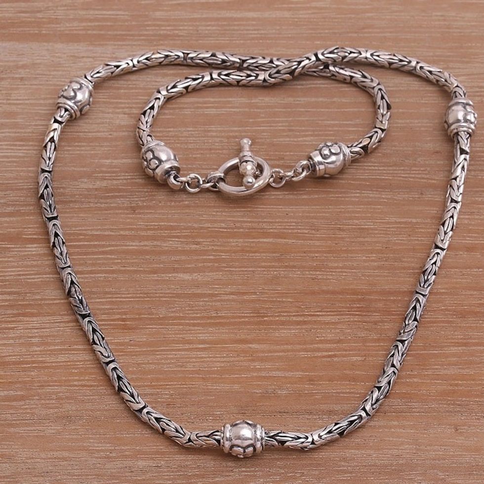 Floral Sterling Silver Station Necklace from Bali 'Floral Borobudur'