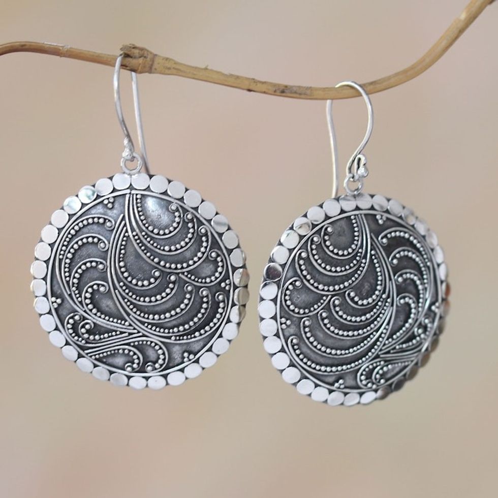 Handcrafted Sterling Silver Dangle Earrings from Bali 'Sun Empress'