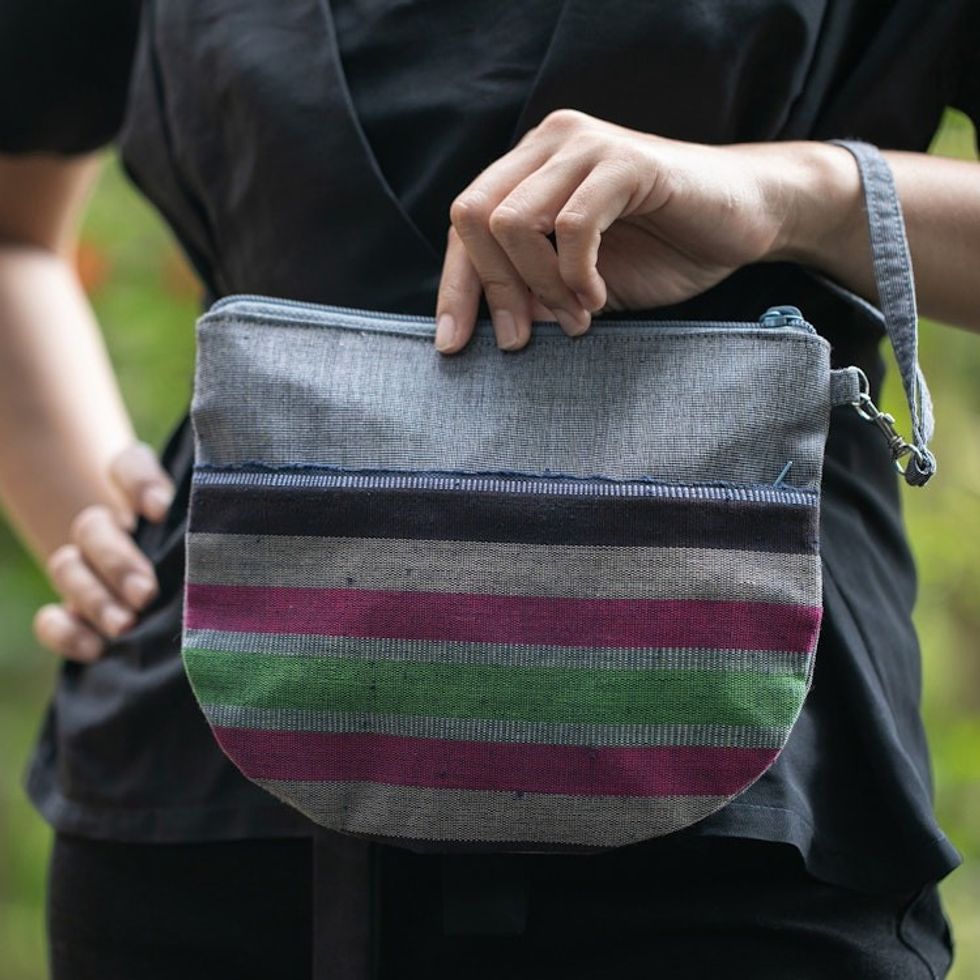 100 Cotton Striped Gray Clutch Exterior Pocket Wristlet 'Lurik Sphere Gray'