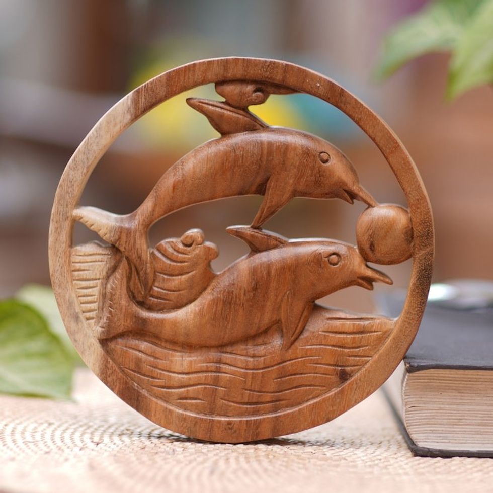 Hand Carved Suar Wood Dolphin Relief Panel from Bali 'Fun with Dolphins'