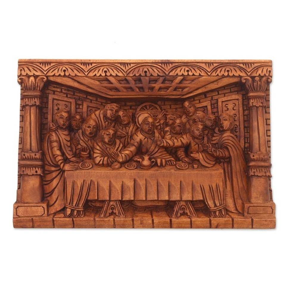 Hand-Carved Last Supper Wood Relief Panel from Bali 'Last Dinner'
