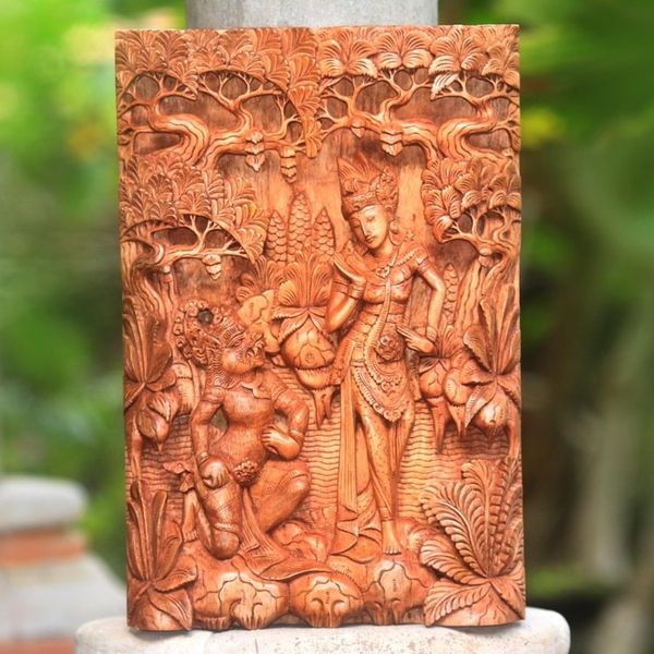 Alternate image for Ramayana-Themed Cempaka Wood Relief Panel from Bali Sita and Hanuman