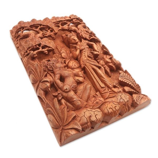 Alternate image for Ramayana-Themed Cempaka Wood Relief Panel from Bali Sita and Hanuman