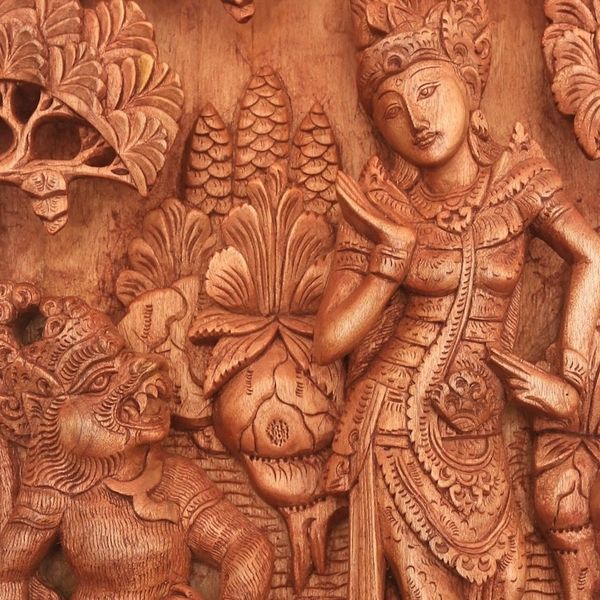 Alternate image for Ramayana-Themed Cempaka Wood Relief Panel from Bali Sita and Hanuman