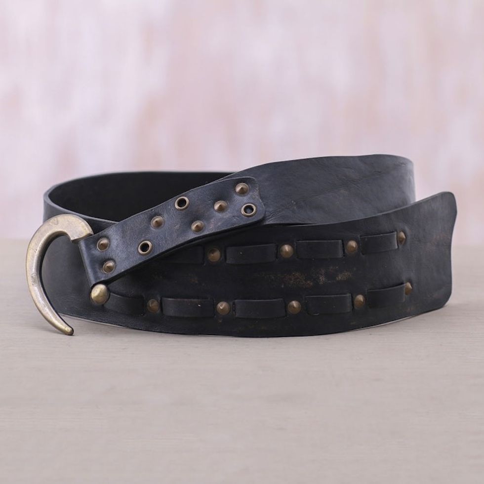 Black Iron Studded Leather Belt with Contemporary Hook 'Iron Edge'