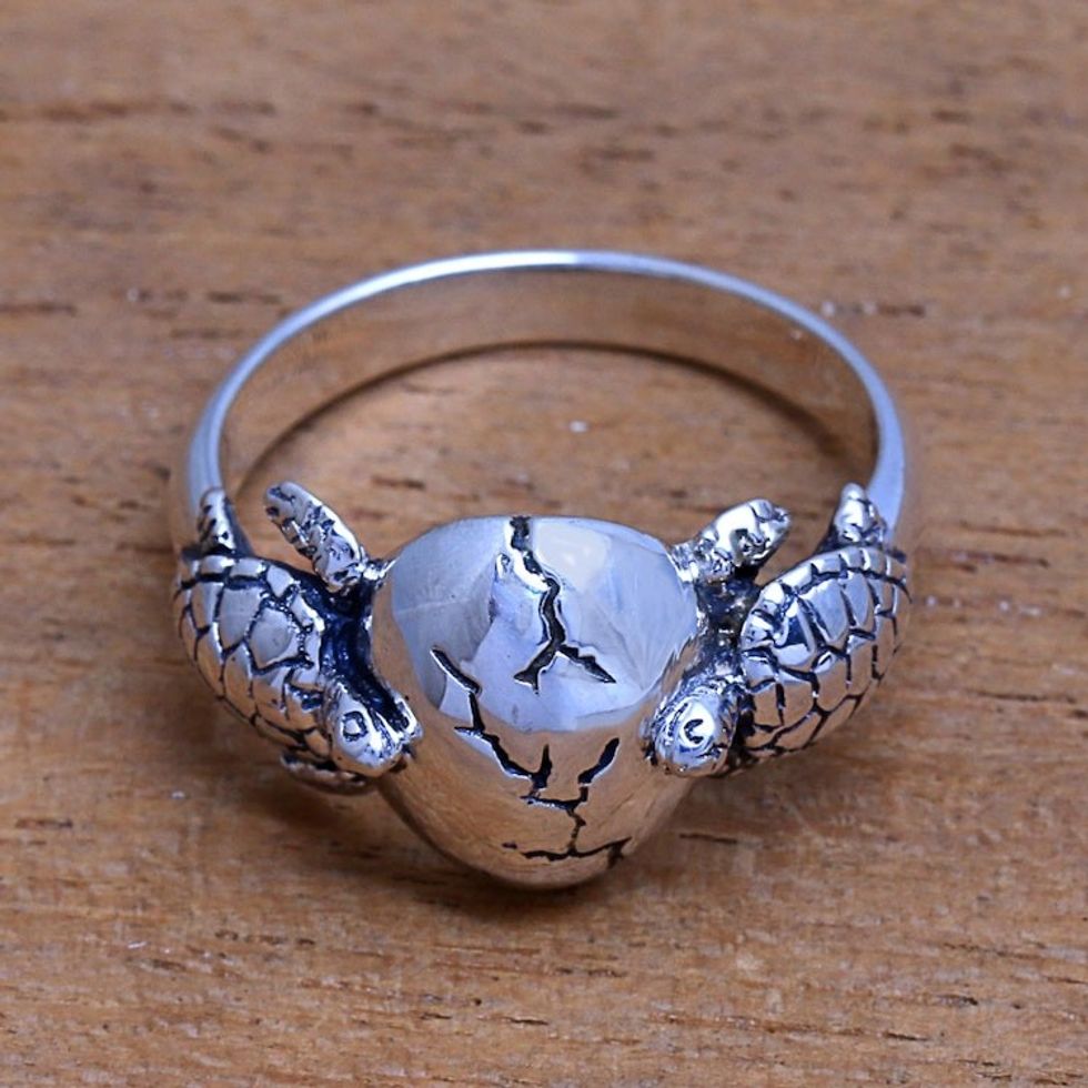 Sea Turtle Sterling Silver Cocktail Ring from Bali 'Turtle Romance'