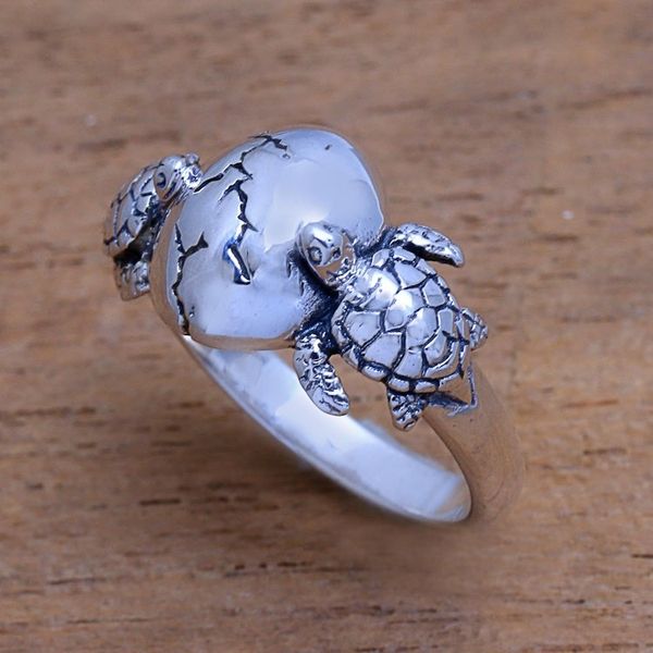 Alternate image for Sea Turtle Sterling Silver Cocktail Ring from Bali Turtle Romance