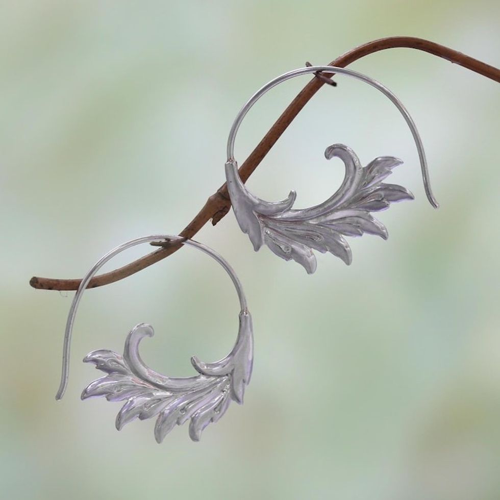 Sterling Silver Elegant Feather Motif Half-Hoop Earrings 'Falling Feathers'