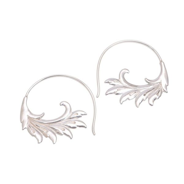 Alternate image for Sterling Silver Elegant Feather Motif Half-Hoop Earrings Falling Feathers