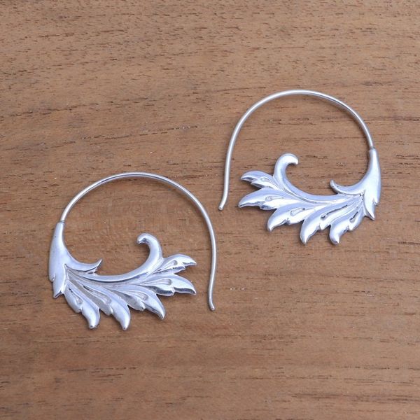 Alternate image for Sterling Silver Elegant Feather Motif Half-Hoop Earrings Falling Feathers