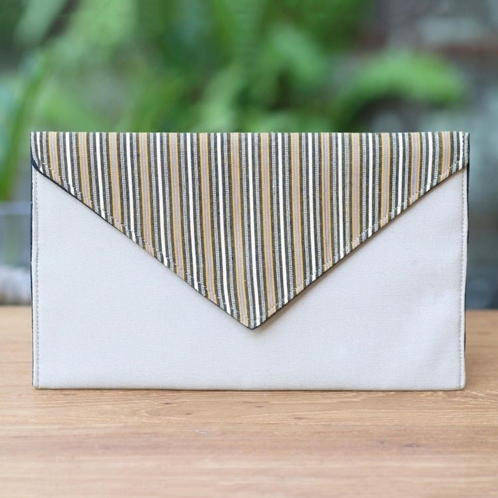 Khaki and Orange Cotton Wristlet Clutch with Interior Pocket 'Lurik Amplop Khaki'