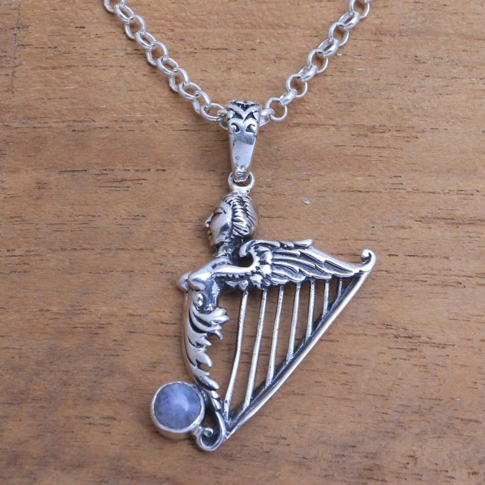 Sterling Silver and Rainbow Moonstone Angelic Harp Necklace 'Angelic Harp'