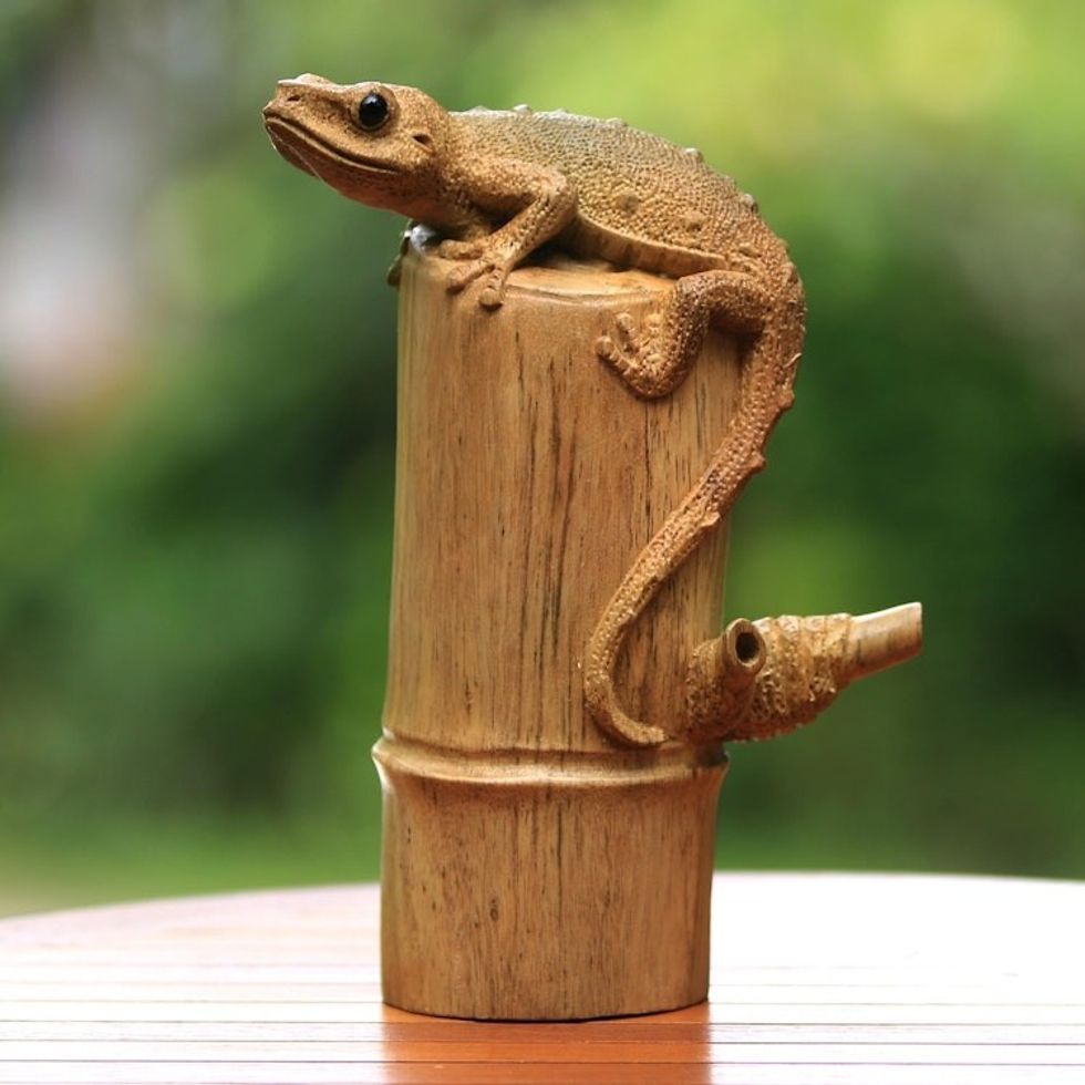 Signed Hibiscus Wood Sculpture of a Gecko from Bali 'Tokek on a Log'