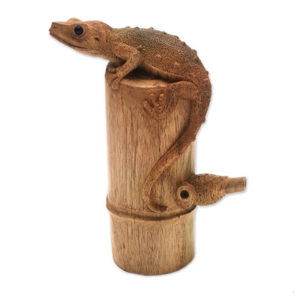 Alternate image for Signed Hibiscus Wood Sculpture of a Gecko from Bali Tokek on a Log