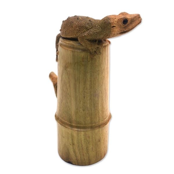 Alternate image for Signed Hibiscus Wood Sculpture of a Gecko from Bali Tokek on a Log