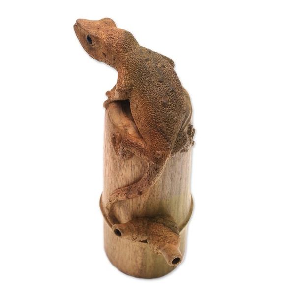 Alternate image for Signed Hibiscus Wood Sculpture of a Gecko from Bali Tokek on a Log