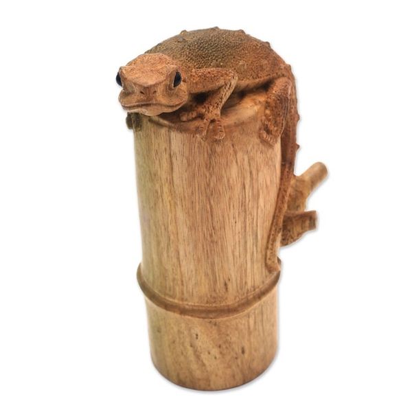 Alternate image for Signed Hibiscus Wood Sculpture of a Gecko from Bali Tokek on a Log