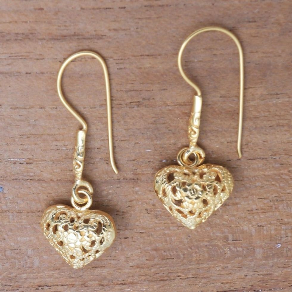 Floral 18k Gold Plated Sterling Silver Heart Dangle Earrings 'Love Flowers'