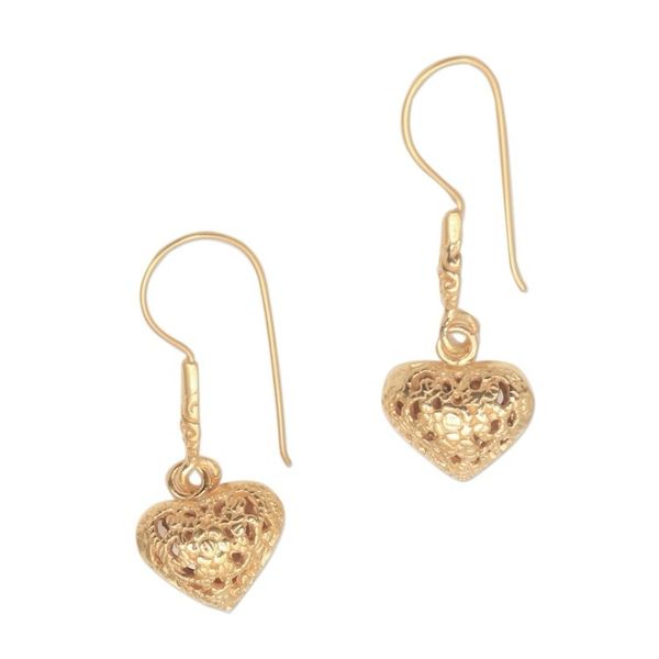 Alternate image for Floral 18k Gold Plated Sterling Silver Heart Dangle Earrings Love Flowers