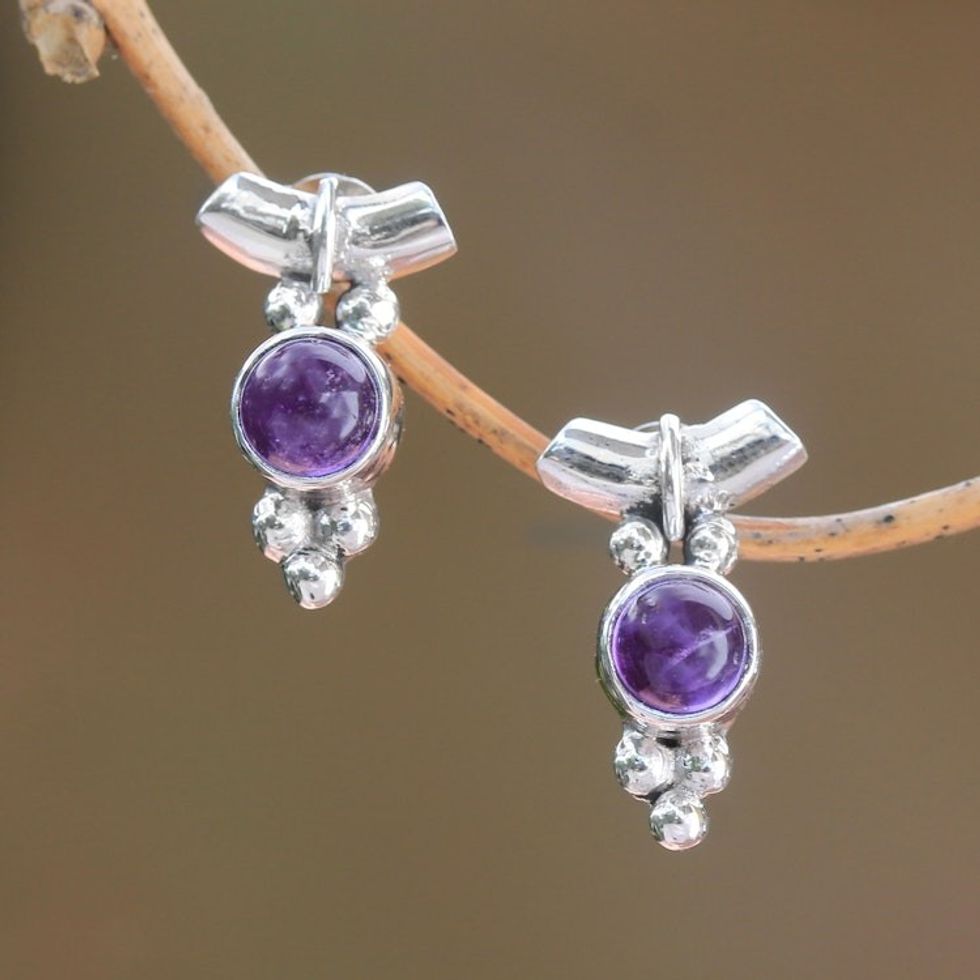 Dot Motif Amethyst Drop Earrings from Bali 'God's Grapes'