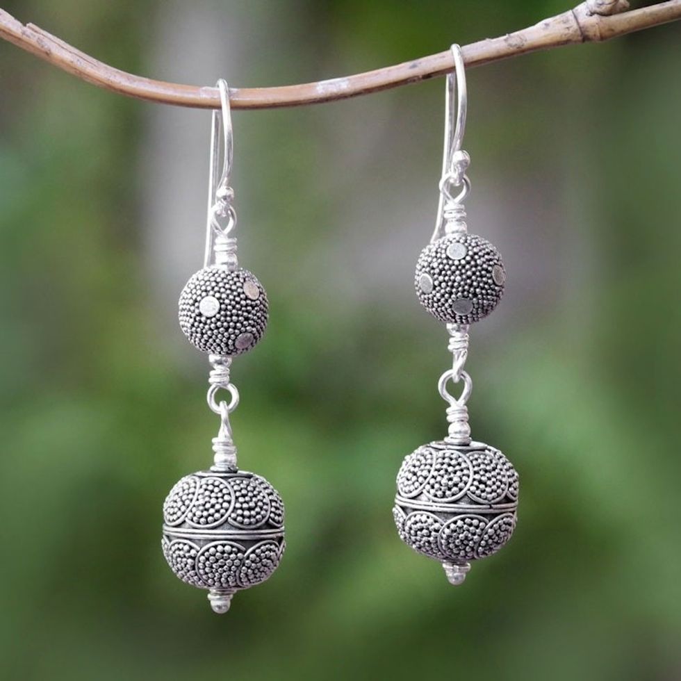 Patterned Sterling Silver Dangle Earrings from Bali 'Lantern Twins'