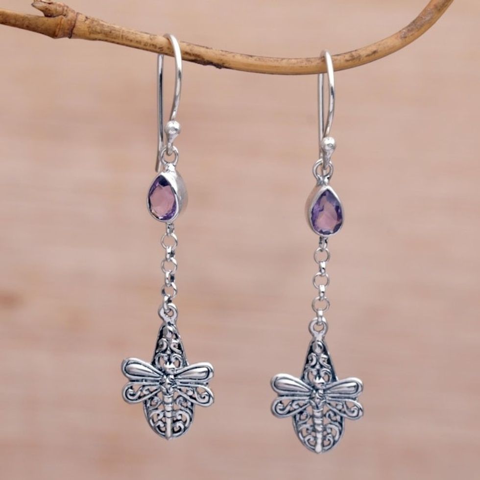 Handmade 925 Sterling Silver Amethyst Dragonfly Earrings 'Dragonfly Altar'