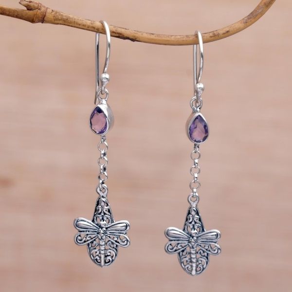 Alternate image for Handmade 925 Sterling Silver Amethyst Dragonfly Earrings Dragonfly Altar