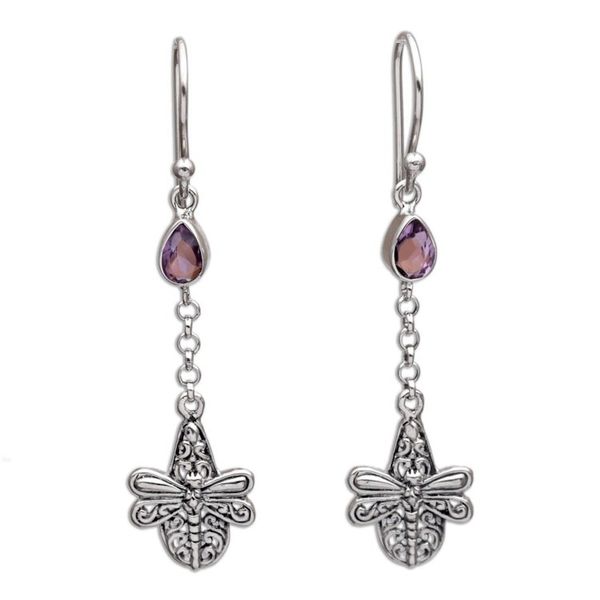 Alternate image for Handmade 925 Sterling Silver Amethyst Dragonfly Earrings Dragonfly Altar
